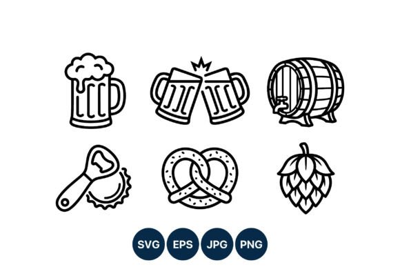 Beer Mug Pretzel Barrel Icon Set