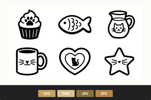 Cat Icons: Cupcake, Fish, Mug, Heart, Star