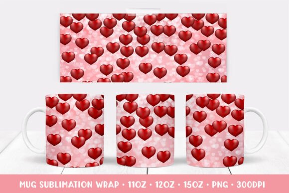 Red Hearts Mug Wrap Sublimation Design